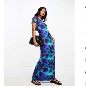 ASOS DESIGN v neck mesh midi dress in blue floral